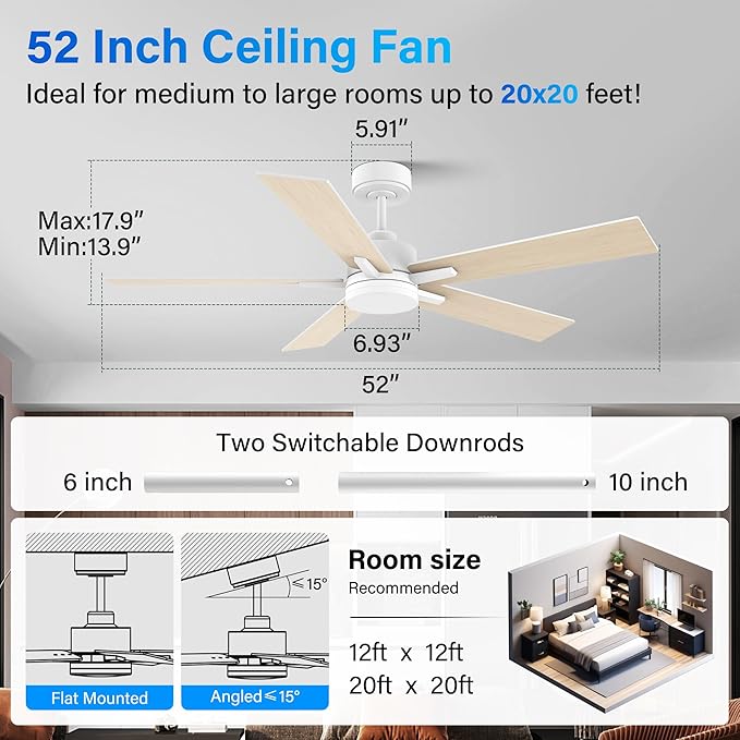 52” Smart Ceiling Fan with Lights Remote,Voice Control via Alexa Google WIFI App,Ultra Quiet DC Motor,Outdoor Indoor Modern Ceiling Fans,6-Speed for Bedroom Patio Porch,White and Wood Color