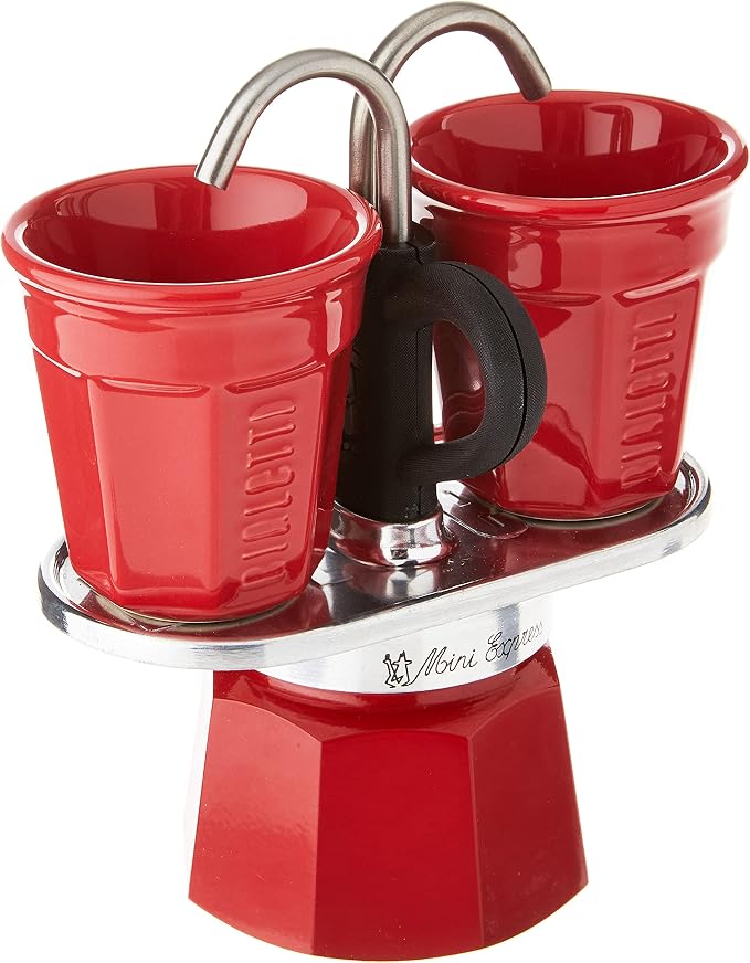 Bialetti - Mini Express Color: Moka Set includes Coffee Maker 2-Cup (2.8 Oz) + 2 shot glasses, Red, Aluminium
