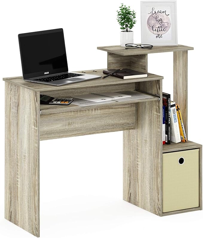 Furinno ECON Desk, 40-in Gaming Desk with Keyboard Tray, Computer Desk, Office Desk with Side Shelves and Storage Bin for Home Office, Study Room, Dorm, Light Oak