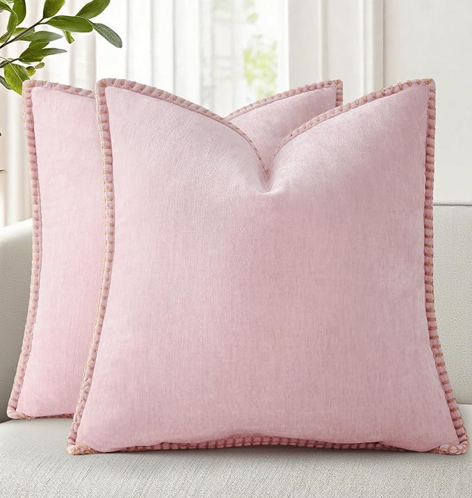 decorUhome Soft Chenille Throw Pillow Covers 26x26 Set of 2 Blush Pink | Fall Textured Decorative Throw Pillow Cases Stitched Edge Modern Farmhouse Luxury Boho Velvet for Couch Sofa Bed Home Decor