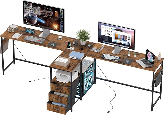 YOSHOOT 2 Person Computer Desk, 87" Long Gaming Desk for 2 People | Double Desk with 3 Fabric Drawers and 2 Power Outlets, Home Office Table for Adults and Teenagers, Rustic Brown