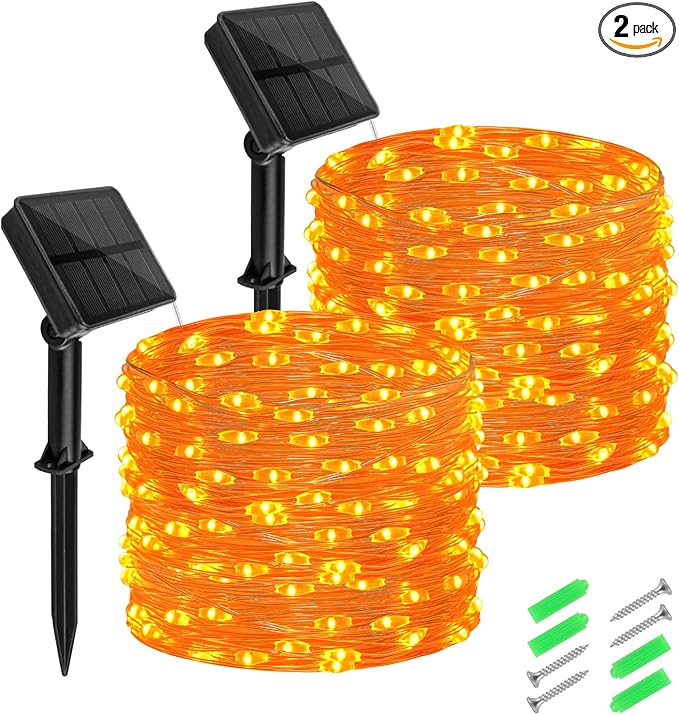 Halloween String Lights Outdoor Waterproof, Solar Fairy Lights 16.4ft 50LED 8 Modes Orange Halloween Lights for Yard Outside Pathway Patio Party Backyard Decorations