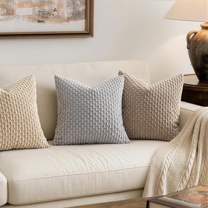 MIULEE Decorative Throw Pillow Covers 20x20 Light Grey Textured Corduroy | Pack of 2 Striped Pillow Covers Modern Farmhouse Home Decor for Couch Bed Sofa Living Room