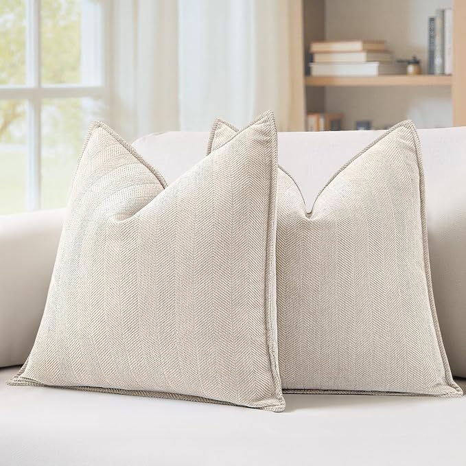 MIULEE Pack of 2 Cream Beige Euro Shams Chenille Pillow Covers 24x24 Inch | Decorative Soft Couch Throw Pillows,Farmhouse Cushion Covers,Elegant Design for Sofa,Bed,Living Room,Summer Decor