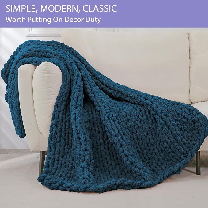 Bigacogo Chunky Knit Throw Blanket for Couch, 40x60 inches, Deep Sea Blue | Hand Knit with Jumbo Chenille, Soft Breathable Cable Knit for Sofa Bed Living Room, Machine Washable, Gift for Mom Friend