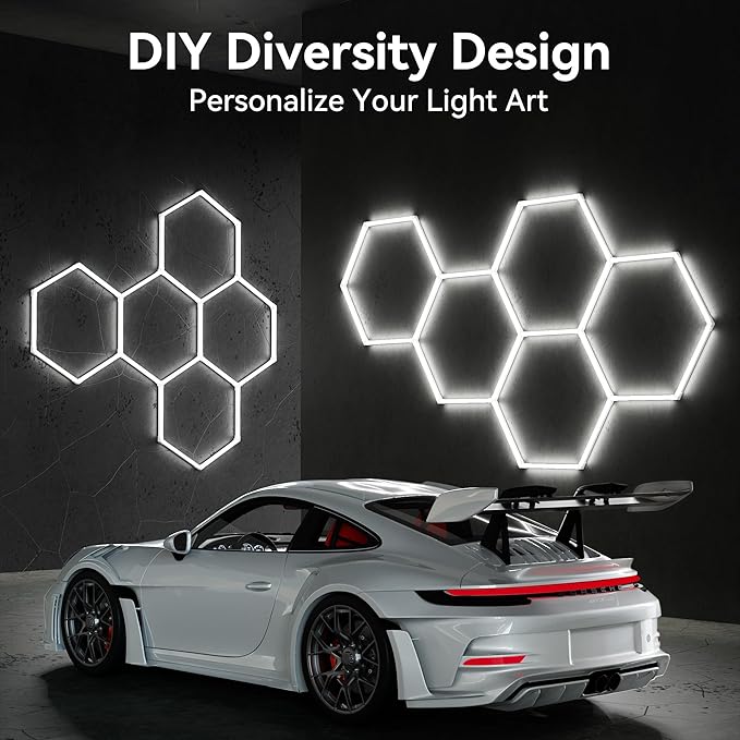 MODERN Hexagon LED Garage Light: 36720 Lumens Hexagon Garage Led Ceiling Light with 2 Rectangular Borders 6500K for Garage, Auto Beauty Shop, Car Detailing Shop etc.