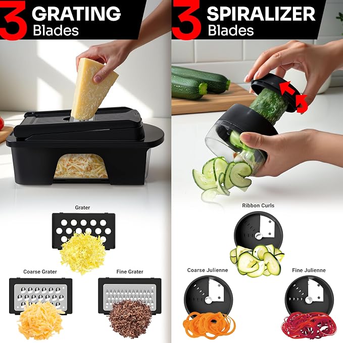 MUELLER HOME ULTIMATE 12 Blade Vegetable Chopper & Mandoline Slicer | Spiralizer, Dicer, Grater, Kitchen Essentials & Accessories, Black