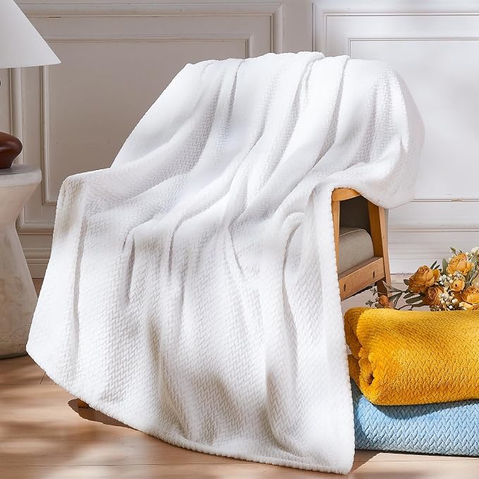NEWCOSPLAY Fleece Leaves Pattern Throw Blanket, White, 50"x60" | Super Soft Throw Blanket, Lightweight Cozy Bed Sofa Blanket, Premium Silky Flannel Fleece, Travel Blanket for All Season Use