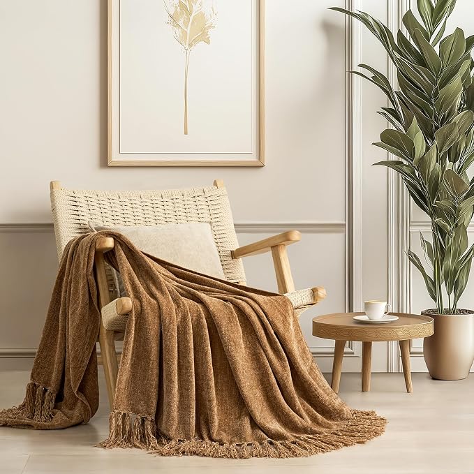 Chenille Knit Throw Blanket for Couch, 50"x60", Warm Beige | Cozy Plush Fuzzy Knittd Throw with Tassels, Lightweight, Decorative, Farmhouse Decor, Ideal for Bed Sofa Gift, All Seasons