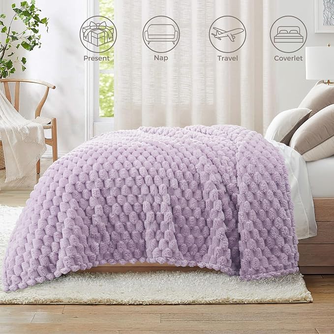 Whale Flotilla Soft Fleece Queen Size Bed Blanket Luxury 3D Jacquard, Lilac | Lightweight Breathable Coverlet Bedspread for All Seasons, Super Cozy Plush Fluffy Fuzzy Decorative Blanket for Bed, 90"x90"