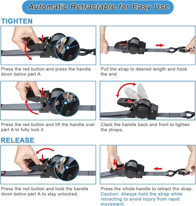 Retractable Ratchet Straps Automatic Ratchet Straps Self Retractable Ratchet Tie Down Straps 4Pack 12FT Cargo Straps for Motorcycle, Truck, Boat