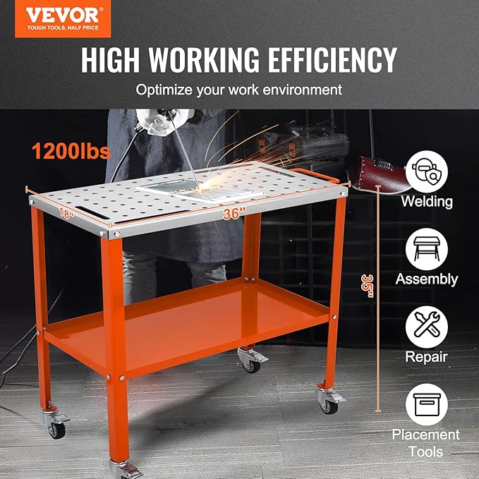 VEVOR Welding Table 36"x18", 1200lbs Load Capacity Steel Welding Workbench Table on Wheels, Portable Work Bench with Braking Lockable Casters, 4 Tool Slots, 5/8-inch Fixture Holes, Tool Tray