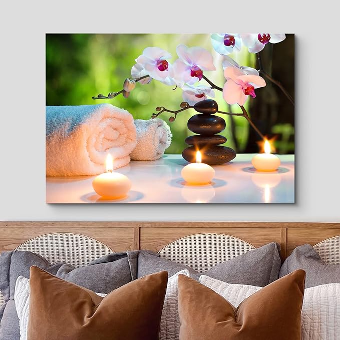 wall26 Canvas Print Wall Art Massage Stones, Candles & Orchid Flowers Floral Botanical Photography Realism Tropical Zen Colorful Multicolor Ultra for Living Room, Bedroom, Office - 12"x18"