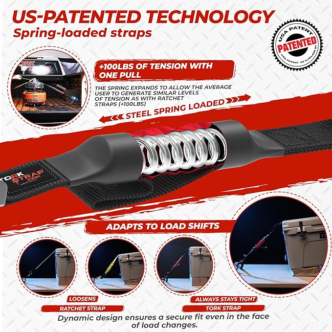 TorkStrap M500 Bundle | 14' x 1'' Spring Loaded Tie Down Straps with Carry Bag - 1,500LB Max Load - Just Pull Alternative to Ratchet Straps - Integrated Soft Loops (4-Pack)