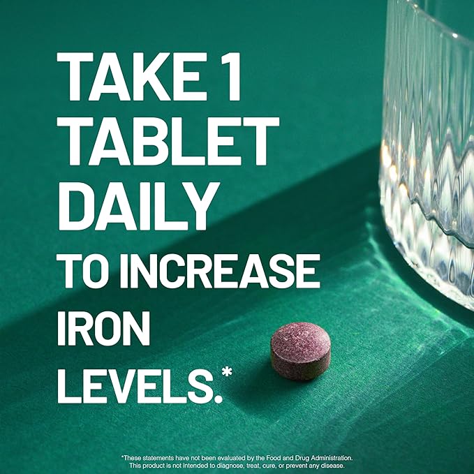 NatureWise Vegan Iron Supplement for Women & Men - Gentle on Stomach High Absorption - Coated Iron Bisglycinate Tablets + Vitamin C, Methyl B12, Folate & Organic Food Blend - 30 Tablets[30-Day Supply]