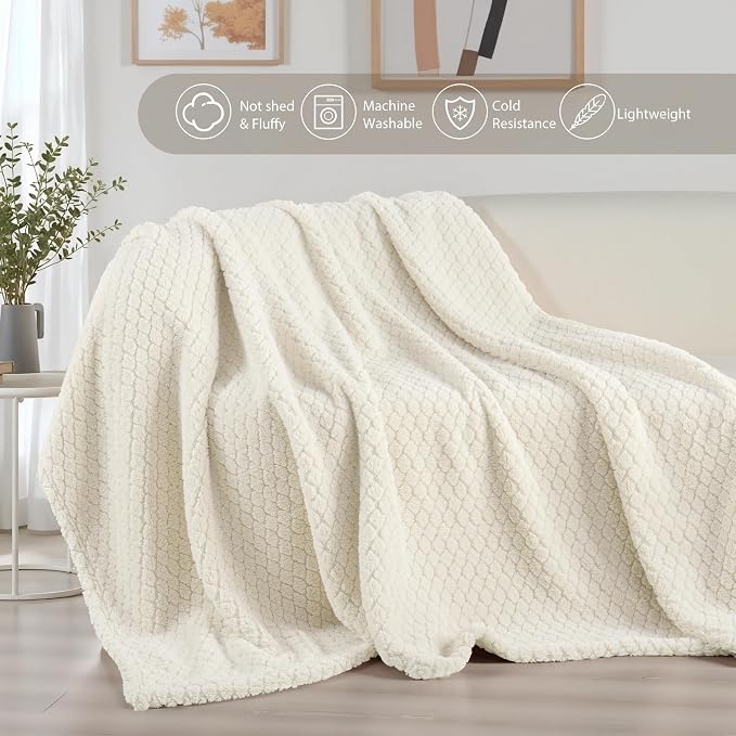 Exclusivo Mezcla Soft Fleece Queen Size Blanket for Bed, Ivory | Jacquard Lightweight Cozy Bed Blanket, Breathable Decorative Fuzzy Textured All Season Use, 90x90 Inches