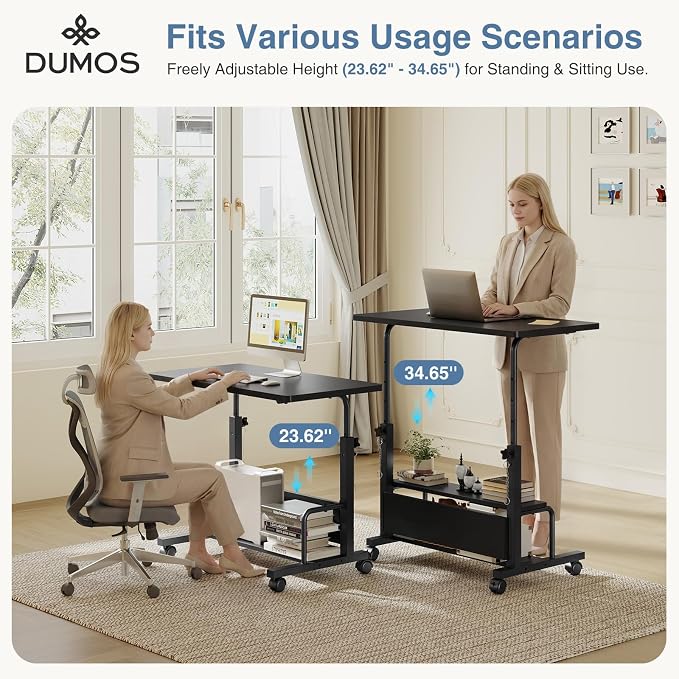DUMOS Rolling Desk, Storage Shelves, Laptop Table, Home Office | Height Adjustable Design, Computer Desks on Wheels, Portable for Small Spaces Use, Black