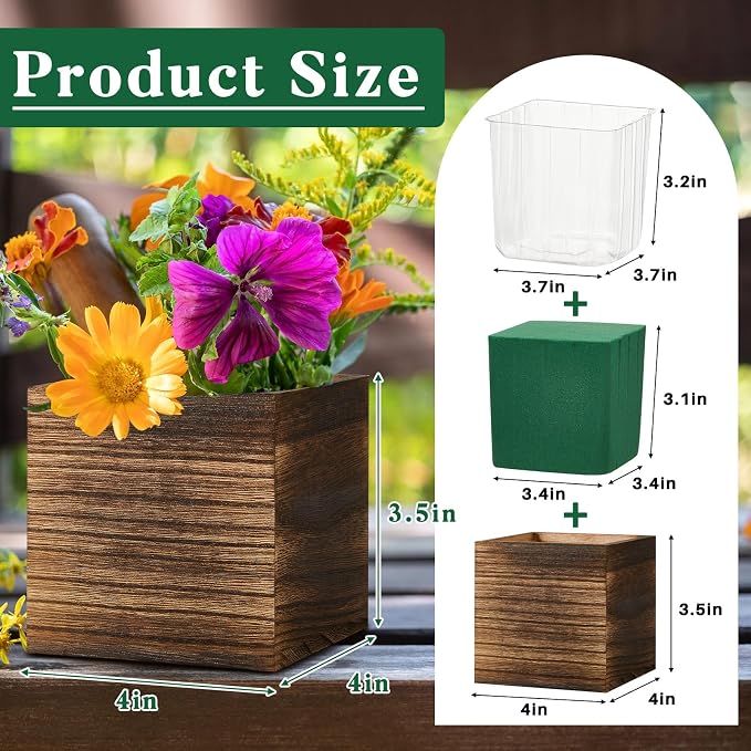 12 Set Wood Cube Planter Box Square Wood Vase Rustic Cube Planter Box with Removable Plastic Liner Floral Foam Blocks for Centerpieces Home Wedding Garden Decor, Country Style (Brown)