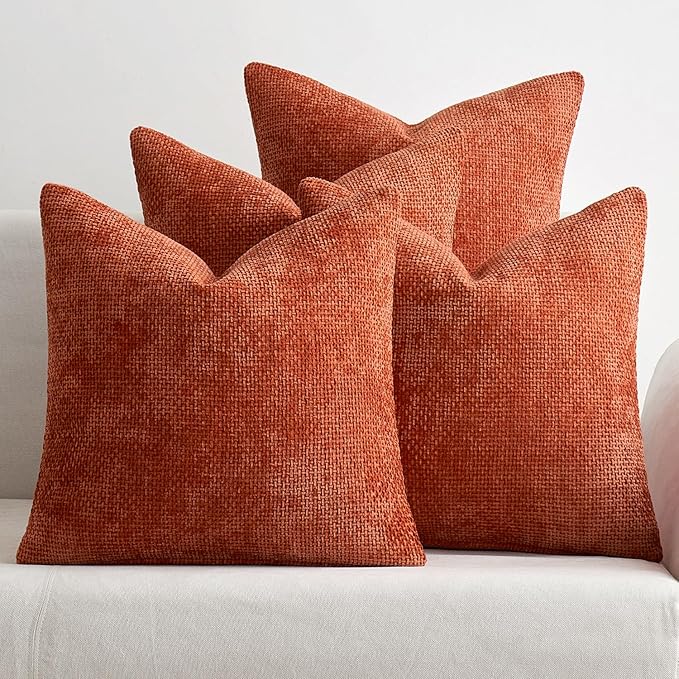 MIULEE Pack of 4 Couch Throw Pillow Covers 18x18 Inch Burnt Orange Soft Decorative Chenille Pillow Covers Farmhouse Accent Cushion Covers for Boho Fall Home Decor Sofa Bedroom Living Room