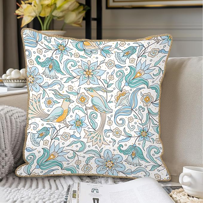 KSLIDS Vintage Floral Soft Velvet Throw Pillow Covers Set of 2 Blue Yellow Flower Birds Decorative Pillow Covers 16x16 Inch Chinoiserie Country Pillow Case for Sofa Couch Bedroom Farmhouse Home Decor
