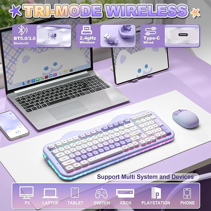 YUNZII C98 Cute Cake Wireless Mechanical Keyboard (Purple, Candy Switch) | 99 Keys with Number Pad, Hot Swap, PBT MOA Keycaps, BT5.0/2.4G/USB-C, Gasket Mount, Custom RGB Backlit for Win/Mac