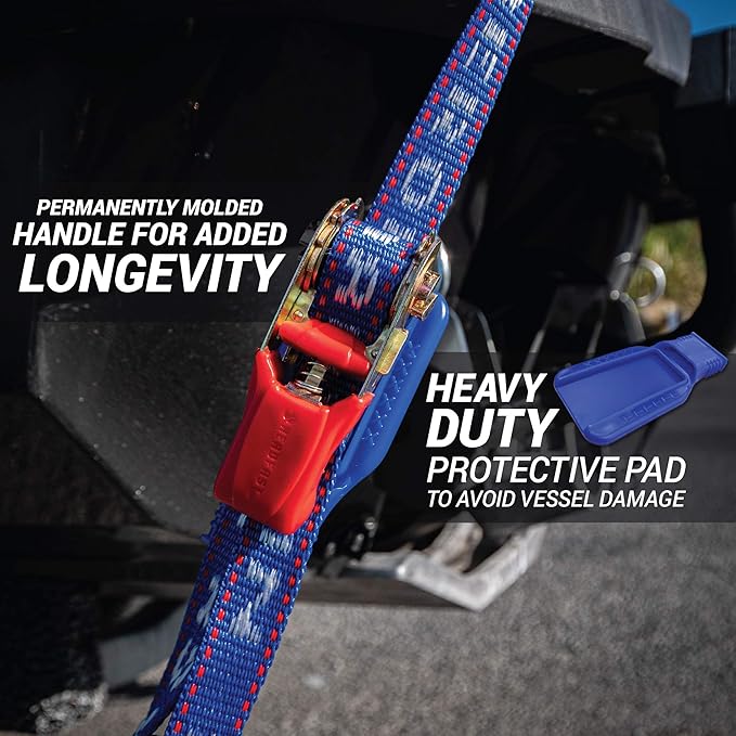 Jetski Ratchet Tie Down Strap - Made in NZ - 1" x 8' Heavy Duty With Floating PVC Hook - for Jetskis, Seadoo, Waverunner & PWCs - 1,800lbs Break Strength - 1 Strap (Blue)