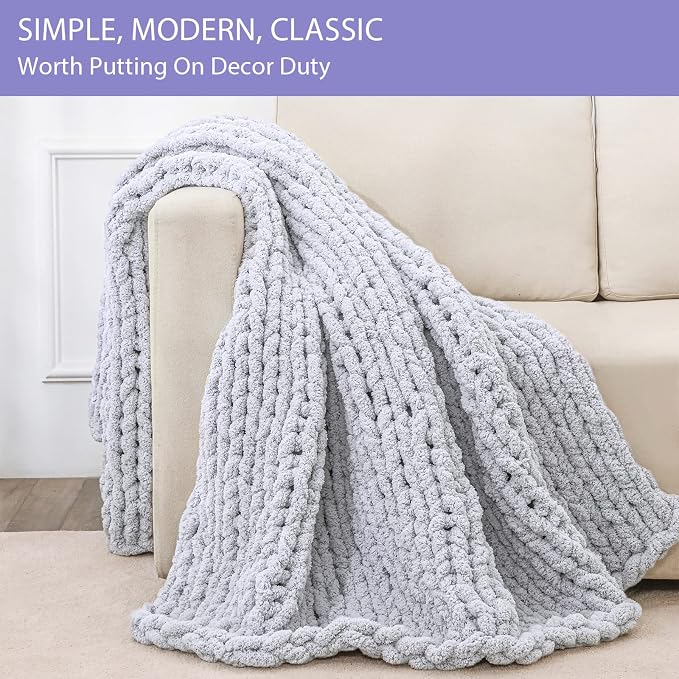 Bigacogo Chunky Knit Throw Blanket for Couch, 51x63 inches, Light Grey | Hand Knit with Jumbo Chenille, Soft Breathable Cable Knit for Sofa Bed Living Room, Machine Washable, Gift for Mom Friend