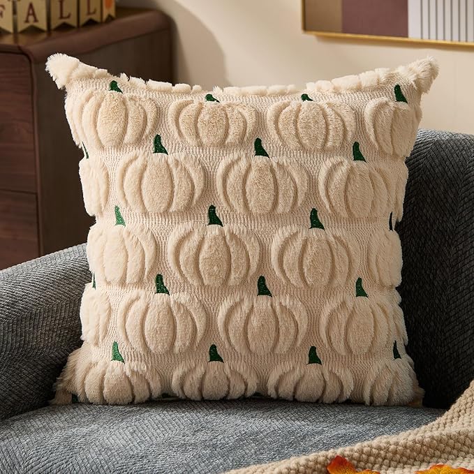 DFXSZ Fall Pillow Covers 20x20 2Pcs Beige Green Pumpkin Fall Decorations | Fall decor Set of 2 Throw Pillow Cases Soft Plush Faux Fur Wool Couch Cushion for Chair Sofa Bedroom Living Room Home Decor