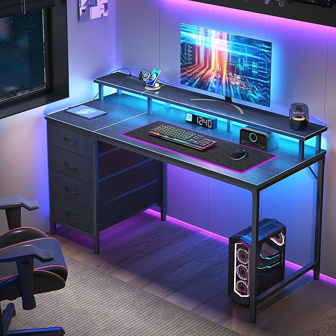 DUMOS 40-Inch Gaming Desk with Power Outlets and LED Lights, Black | Computer Desk with 4 Storage Drawers, Home Office Desk with Monitor Stand, Small Desk for Bedroom Study