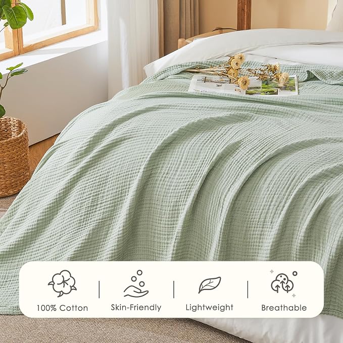 EMME Cotton Muslin Queen Blanket Bed Layering Bedspread Coverlet Breathable Gauze Soft Lightweight Blankets Adults (Heather Sage Green, 90"x90")