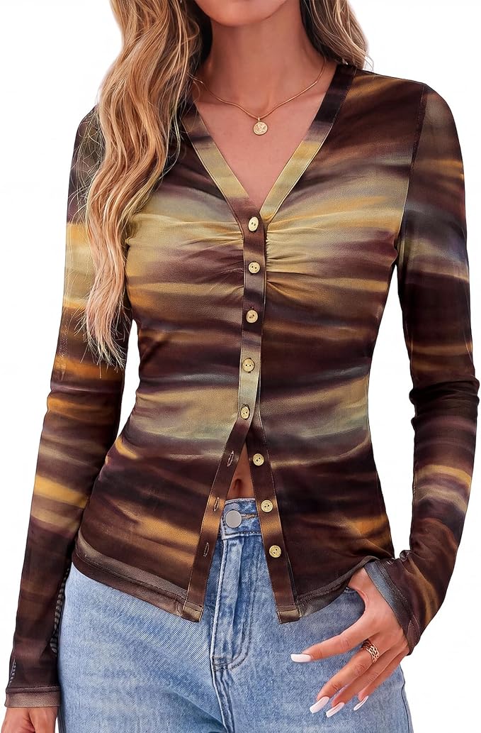 BTFBM Button Down Shirts for Women 2026 Fall Boho Tops V Neck Long Sleeve Blouses Ruched Mesh Fitted Fashion Clothing