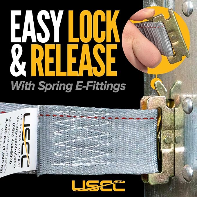 US Cargo Control Double-Fitted E Track Strap 2" x 16', 4,400 LBS Break Strength, Gray Heavy Duty E Track Ratchet Straps with 3 Spring E-Fittings, Versatile 2-in-1 Logistic Tiedowns