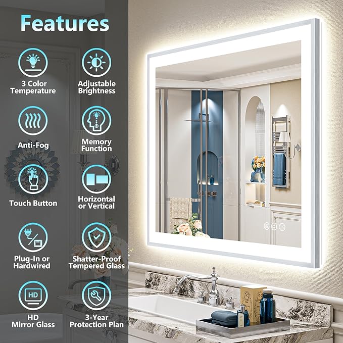 40x32 Brushed Nickel LED Bathroom Mirror with Lights, Sliver Framed Backlit and Front Lit Anti-Fog Lighted Vanity Mirrors for Bathroom Wall, Dimmable, 3 Colors, Memory, Tempered Glass, CRI＞90
