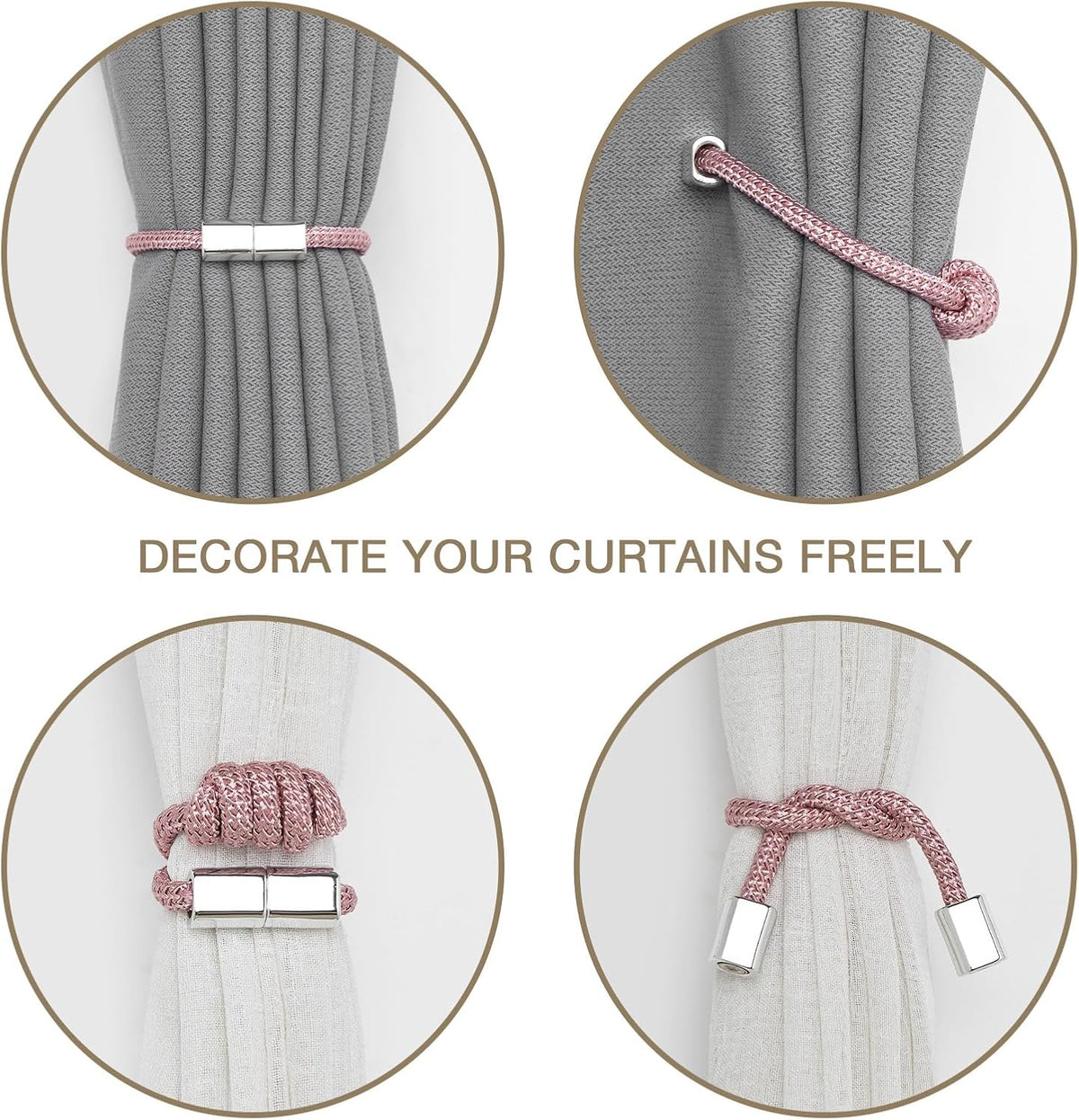 NICEEC 2 Pack Mini Magnetic Curtain Tiebacks Modern Simple Style Drape Tie Backs Elegant Hand Weave Rope Knot Decorative Curtain Holdbacks for Home & Office Window Drapery (Pink)