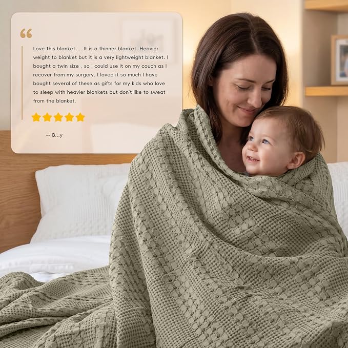 PHF 100% Cotton Waffle Weave Throw Blanket, Lightweight Breathable Summer Blanket for Couch Sofa, Pre-Washed Soft Throws for Bed, Office, Travel & Stylish Home Decor, 50"x60", Pearl Gray