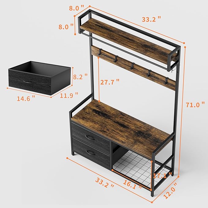 Entryway Hall Tree Bench Organizer, Coat Garment Rack Shelf Rail, Shoe Storage Tiers, Two Sliding Fabric Drawers, Movable Hooks Set, Hanger Rod, Metal Frame, Corner Mudroom Foyer Closet Stand