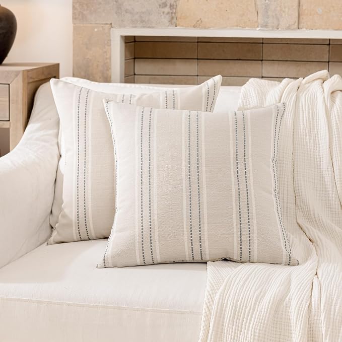 Hckot Grey Decorative Throw Pillow Covers 22x22 Set of 2 Boho Pillow Covers | Striped Farmhouse Pillows Textured Linen Square Cushion Covers for Sofa Couch Bed Living Room Decor(Light Grey)