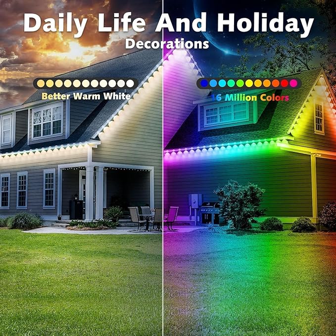 300FT Permanent Outdoor RGB Lights,IP67 Waterproof Smart LED Eaves Lights with App/Remote Control,for Christmas and All Holiday Decor,Daily and Accent Lighting,House Roof and Garden Lighting