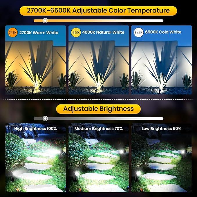 Outdoor Landscape Lighting 2700-6500K Dimmable Spotlights 8 Pack | 3 brightness levels,2 dynamic mode,IP66 waterproof, remote timer & memory,plug and play. Ideal for yards, gardens & pathways