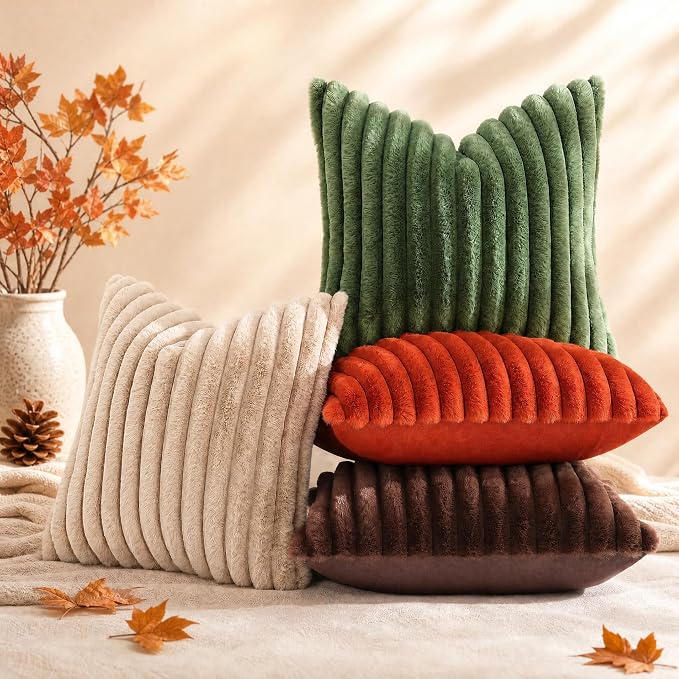 decorUhome Fall Faux Fur Throw Pillow Covers 12x20 Set of 2 Rust | Decorative Soft Cozy Striped Plush Modern Farmhouse Boho Couch Pillow Cases Velvet Back for Sofa Bed Living Room Home Decor