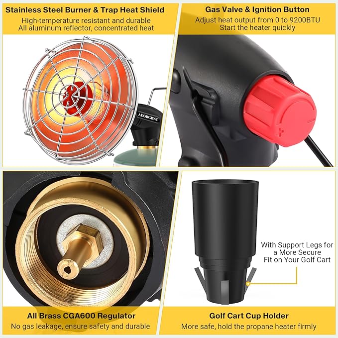 Golf Cart Heater,9200BTU Outdoor Portable Propane Camping Heater with Golf Cart Cup Holder & Self Ignition for EZGO Yamaha Club Car,Most Golf Cart - Fuel Cylinder not included