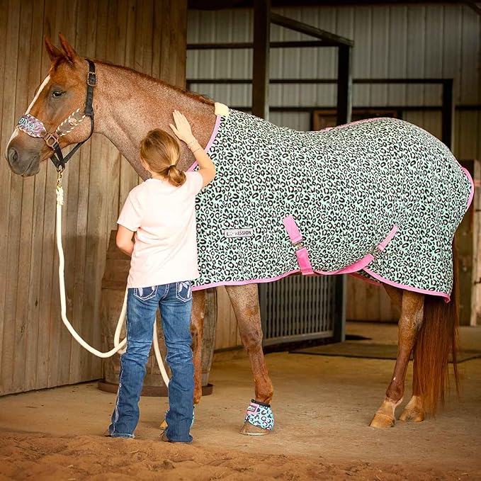 Jeffers Expression Fleece Cooler for Horses, Standard Neck, Party Cheetah 69"- Equine Towel Blanket, Moisture Absorbent, Light Weight, Best for Drying, Exercise, Bathing, Adjustable Belly Bands
