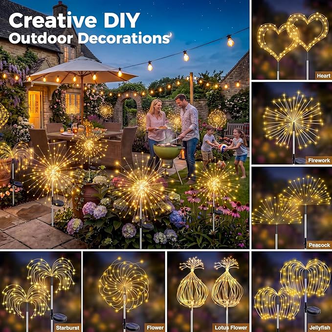 btfarm 10 Pack Solar Garden Lights Outdoor 8 Modes, 120 LED Firework Lights Solar Powered, Waterproof Twinkle Fairy Light Outside for Yard Pathway Lawn Pool Patio Christmas Decorative, Warm White