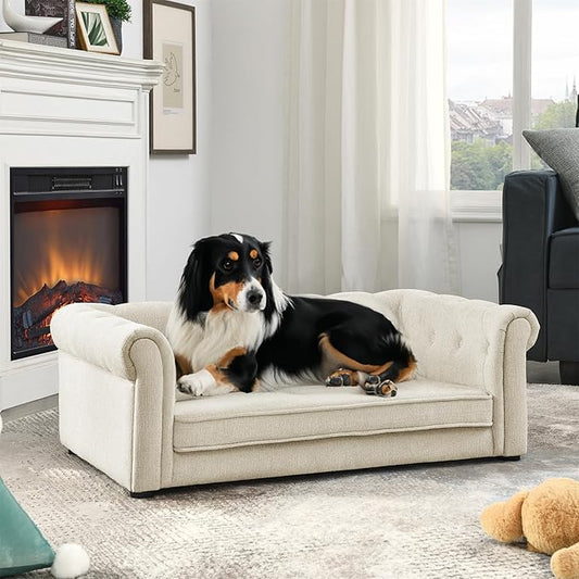 38.9" Elevated Dog Sofa with Button‑Tufted Backrest & Rolled Armrests, Pet Couch Bed with Removable Soft Cushion, Comfortable Upholstery Raised Dog Bed with Thick Padding for Living Room,Bedroom