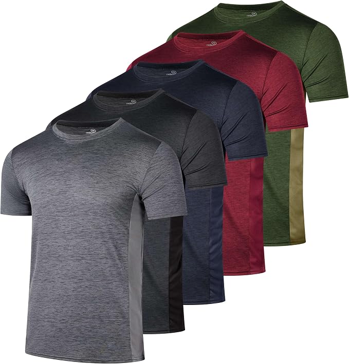 5 Pack Men's Dry Fit Short Sleeve T-Shirt Gym Workout Athletic Running Tee | Cooling, Moisture-Wicking, Crew Neck, Quick-Dry, Breathable, Active, Exercise, Fitness, Basketball, Cycling, Hiking, Tennis