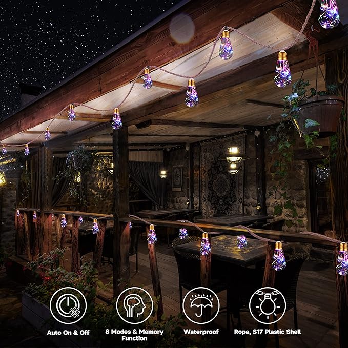 Solar Outdoor String Lights, 20Ft Vintage Rope Hemp Solar Patio Lights, Waterproof Multicolor Solar Powered String Lights With 8 Modes 16 Shatterproof Bulbs for Garden Fence Stairs Balcony Café Bistro