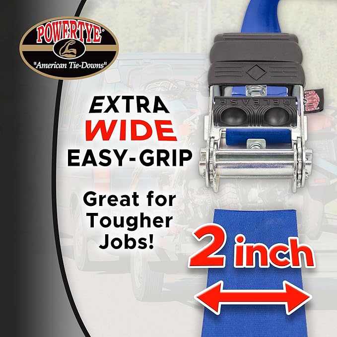 PowerTye - Endless Ratchet Strap - 2 inch x 14ft Easy Grip Extra-Long Tie Down Strap (Hookless), 800 lb. W.L.L. / 2,400 Lb Break Strength, Ideal for Motorcycle, ATV, Truck & Cargo, Blue 2-Pack