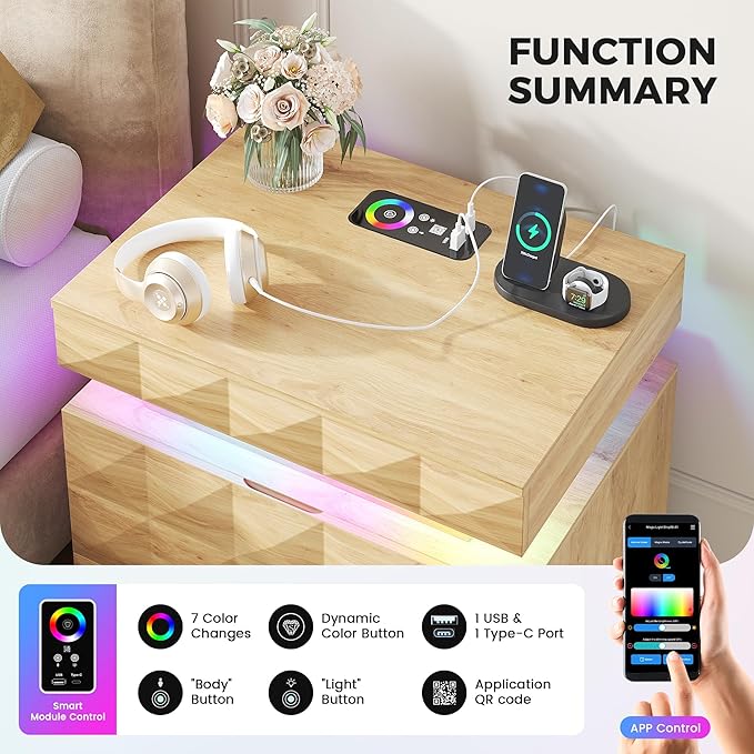 LED Nightstand Set of 2 with Charging Station,3 Drawers Night Stand with Lockable Hidden Storage,Smart Bedside Table with Human Sensor RGB Lights for Bedroom,Wood