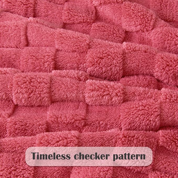 NEWCOSPLAY 3D Checkered Flannel Queen Blanket, Coral Pink, 90"x90" | Super Soft Cute Lightweight Decorative Premium Silky Fleece Blanket for Couch Sofa Bed, Gift for Women Men, All Season Use