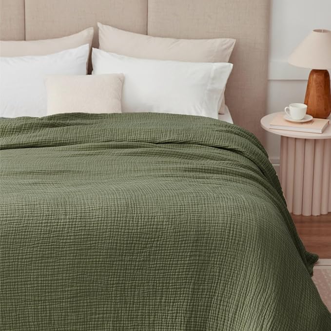 100% Cotton Muslin Blanket Twin 66" x 90", Breathable and Lightweight Twin Blankets for Couch, Soft Cooling Summer Gauze Blanket for Adults All Season, Olive Green